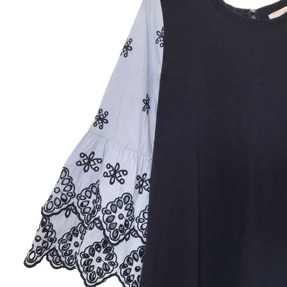 Loft Dress Womens Size S Navy Blue Embroidered Eyelet 3/4 Bell Sleeve Shift Boho - Picture 4 of 12